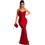 Red Women's Halter Low-Cut V-Neck Straps Bandage Sexy Evening Prom Maxi Dress