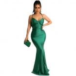 Green Women's Halter Low-Cut V-Neck Straps Bandage Sexy Evening Prom Maxi Dress