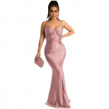 Pink Women's Halter Low-Cut V-Neck Straps Bandage Sexy Evening Prom Maxi Dress