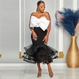 Black Women's Off-Shoulder Low-Cut Bowknot Bodycon Mesh Skirt Midi Dress