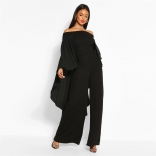 Black Off-Shoulder Boat-Neck Chiffion Women Fashion Jumpsuit Dress