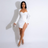 White Long Sleeve Women's Low-Cut Sequins Sexy Party Dancing Dress