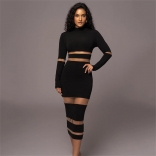 Black Women's Round Neck Long Sleeve Fashion Splice Perspective Sexy Long Dress