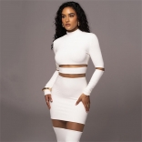 White Women's Round Neck Long Sleeve Fashion Splice Perspective Sexy Long Dress