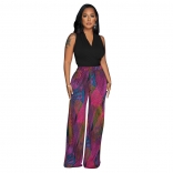 Black Women's Sleeveless Colorful Printed V-Neck Pants Two Piece Casual Jumpsuit Dress