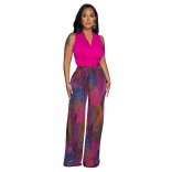 RoseRed Women's Sleeveless Colorful Printed V-Neck Pants Two Piece Casual Jumpsuit Dress