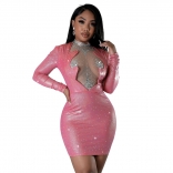 Pink Women's Fashion Mesh Diamonds Spliced Nightclub Bodycon Mini Dress