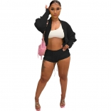 Black Fashion Knitted Hand Hook Polo Cardigan Shorts Long Sleeve Drawstring Casual Set for Women