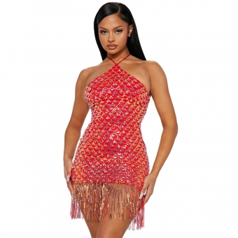 Red Women's Halter Sequins Tassels Dancing Party Mini Dress