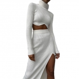 White Women's Thread High Neck Irregular Bodycon Prom Formal Midi Dress Sets