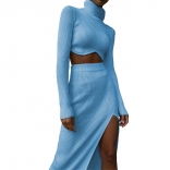 Blue Women's Thread High Neck Irregular Bodycon Prom Formal Midi Dress Sets