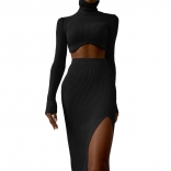 Black Women's Thread High Neck Irregular Bodycon Prom Formal Midi Dress Sets