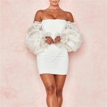 White Off Shoulder Versatile Women's Lantern Sleeve Bodycons Mini Dress