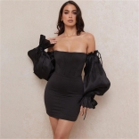 Black Off Shoulder Versatile Women's Lantern Sleeve Bodycons Mini Dress