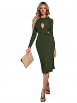 Green Women's Long Sleeve Casual Sexy Formal Waist Cut Out Knitted Sweater Midi Dress