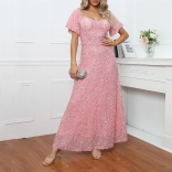 Pink Women's Short Sleeve Mesh Sequins Sexy Formal Long Dress