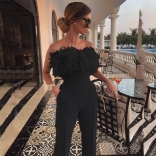 Black Women's Off-Shoulder Feather Fashion Prom Bodycon OL Sexy Jumpsuit