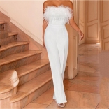White Women's Off-Shoulder Feather Fashion Prom Bodycon OL Sexy Jumpsuit