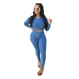 Blue Women's Bodycons Sexy Striped Long Sleeve Sports Two Sets Jumpsuit