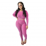 Pink Women's Bodycons Sexy Striped Long Sleeve Sports Two Sets Jumpsuit