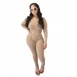 Beige Women's Bodycons Sexy Striped Long Sleeve Sports Two Sets Jumpsuit