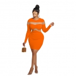 Orange Long Sleeve Mesh Hollow-out Bodycon Mini Dancing Dress