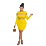 Yellow Long Sleeve Mesh Hollow-out Bodycon Mini Dancing Dress