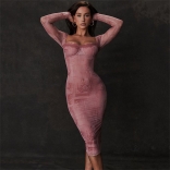 Pink Women's Mesh Printed Long Sleeve Boat-Neck Lace Sexy Midi Dress