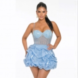 SkyBlue Women's Mesh Sexy Low-Cut Slim Fit Diamond Bubble Skirt Prom Dancing Mini Dress