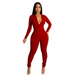 Red Women's Long Sleeve Zipper V-Neck Stripe Bodycon Sexy Jumpsuit
