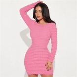 Pink Women's Spicy Girl Long Sleeve Slim Fit Wrap Hip Bodycon Mini Party Dress