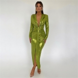 Green Women's Deep V-Neck Long Sleeve Pleated Sexy Evening Prom Maxi Dress