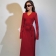 Red Women's Long Sleeve Striped V-Neck Bodycon Belt Formal Long Dress