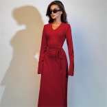 Red Women's Long Sleeve Striped V-Neck Bodycon Belt Formal Long Dress