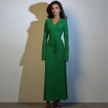 Green Women's Long Sleeve Striped V-Neck Bodycon Belt Formal Long Dress