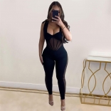 Black Sleeveless Deep V-Neck Halter Mesh Pleated Bodycon Sexy Jumpsuits for Women