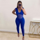 Blue Sleeveless Deep V-Neck Halter Mesh Pleated Bodycon Sexy Jumpsuits for Women