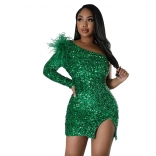 Green Women's Sexy One Shoulder Sequin Split Bodycon Mini Dress
