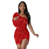 Red Women's Sexy One Shoulder Sequin Split Bodycon Mini Dress