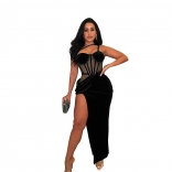 Black Women's Sleeveless Mesh Velvet Strap Split Bodycon Formal Long Dress
