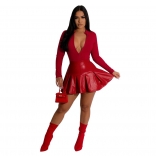 Red Fashion Women's Long Sleeve Waist Wrapped One Piece PU Short Skirt Sets