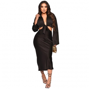 Black Fashion Women's Long Sleeve Sexy V-Neck Lace Up Waist Dress Set