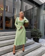 Green Women's Fashion Loose Fitting U-neck Back Lace up Long Sleeve Midi Dress