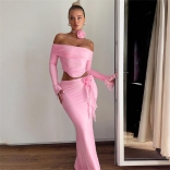 Pink Women's Off-Shoulder 2PCS Bodycon Prom Party Long Dress