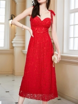 Red Women Halter Low-Cut Lace Hollow-out Fashion Formal Long Dress