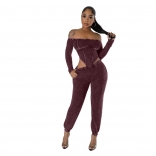 WineRed Women's Fashion Off Shoulder Rompers Sexy Stripe Waisted Jumpsuit Dress Set