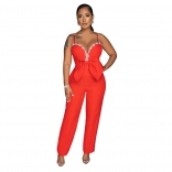 Red Halter Low-Cut V-Neck Women's Sleeveless Bodycon Sexy Jumpsuit Dress