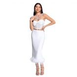 White Women's Off-Shoulder Diamond Crop Tops Bodycon Feather Midi Dress