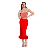 Red Women's Off-Shoulder Diamond Crop Tops Bodycon Feather Midi Dress
