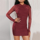 Red Women's Long Sleeve Mesh Pleated Sexy Club Party Mini Dress